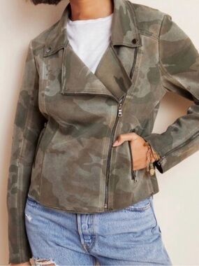 Marrakech Anthropologie Moto Jacket Zip Military Print Fitted Jacket size XL
